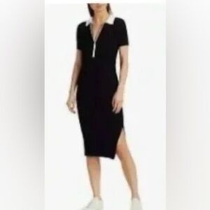 Black dress. ,white trim, ribbed,
sz M , Cadee Polo, bodycon,stretchy EC
